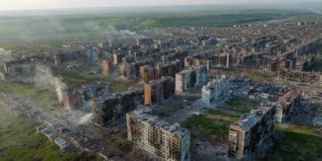 An aerial drone image of Bakhmut, in eastern Ukraine, on Friday, May 19, 2023. The Russians are declaring victory in this battle, the warÕs longest and bloodiest. The Ukrainians, making gains on the outskirts, say the death of the city is not the end of the campaign to drive the Russians from the ruins, just one more phase in a catastrophic war. (Tyler Hicks/The New York Times)